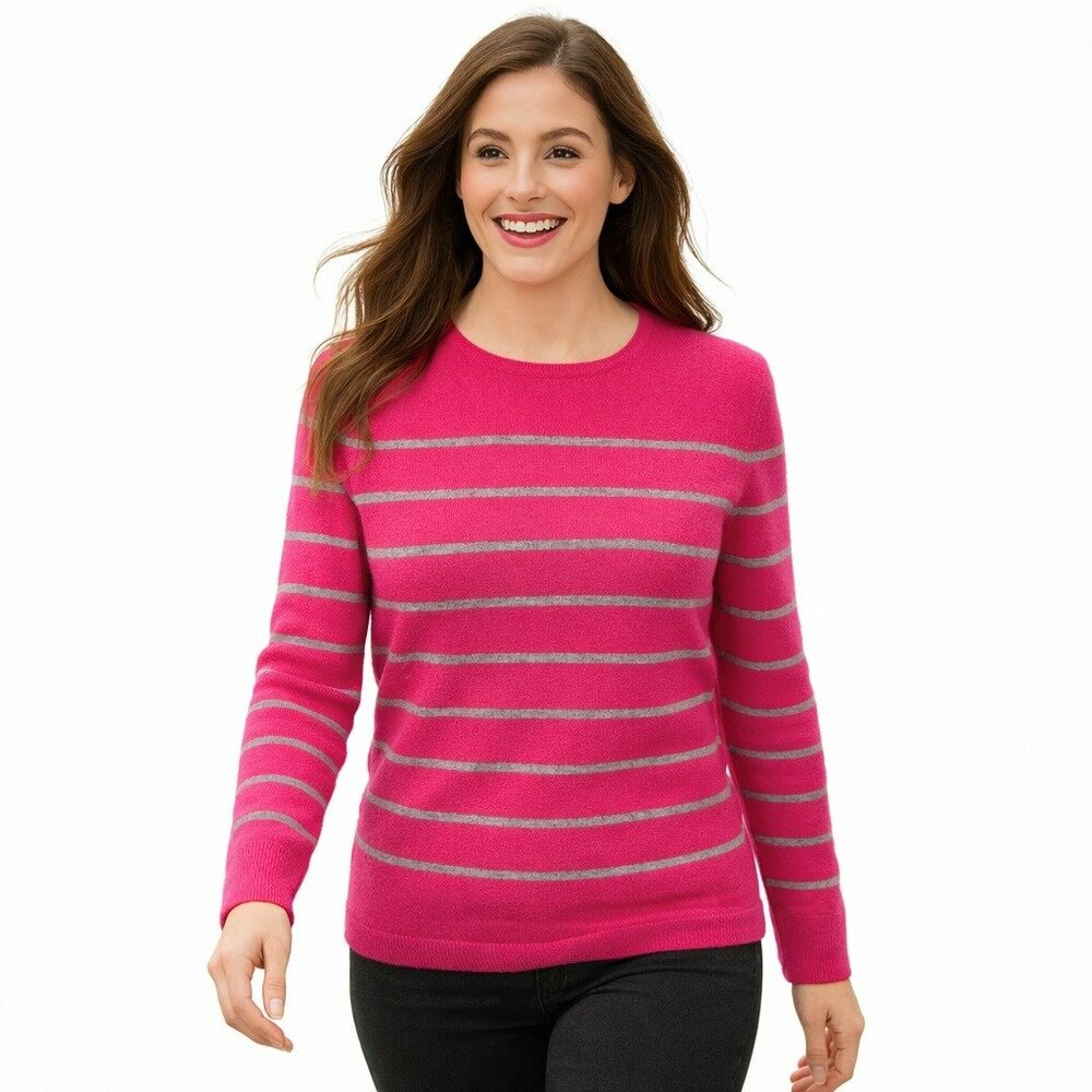 Talbots Petite Pure Cashmere Pink & Gray Striped Sweater Womens Mp